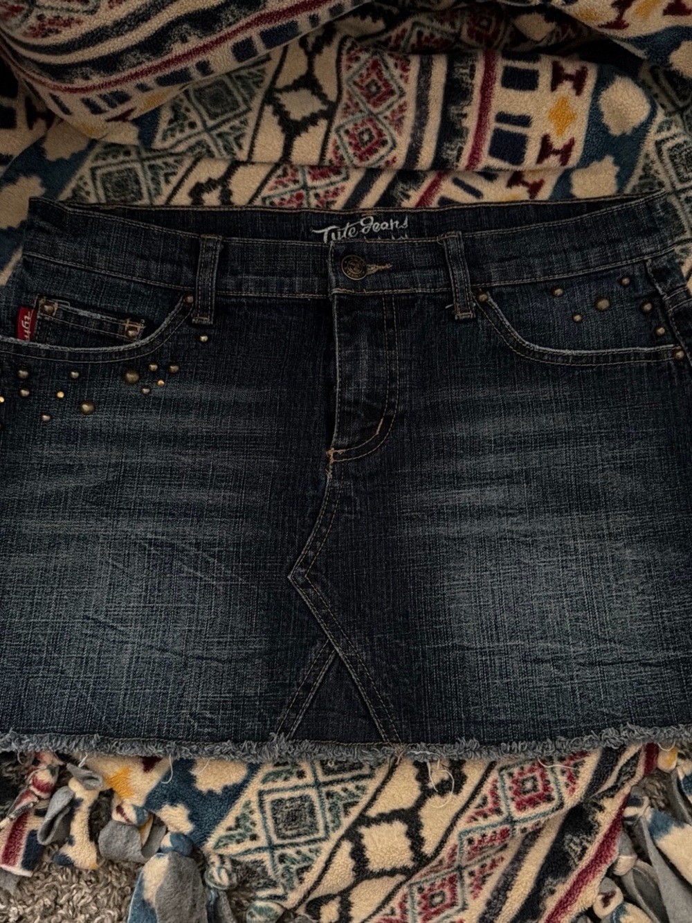 Tyte Jeans Dark Blue Denim Skirt with Embroidered Waistband and studs throughout